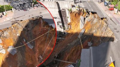 İstanbul Sarıyer'de Eski Büyükdere Caddesi'nde meydana gelen yol çökmesi trafiği
