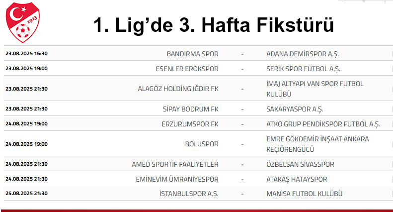 1. Ligde 3. Hafta Fiksturu